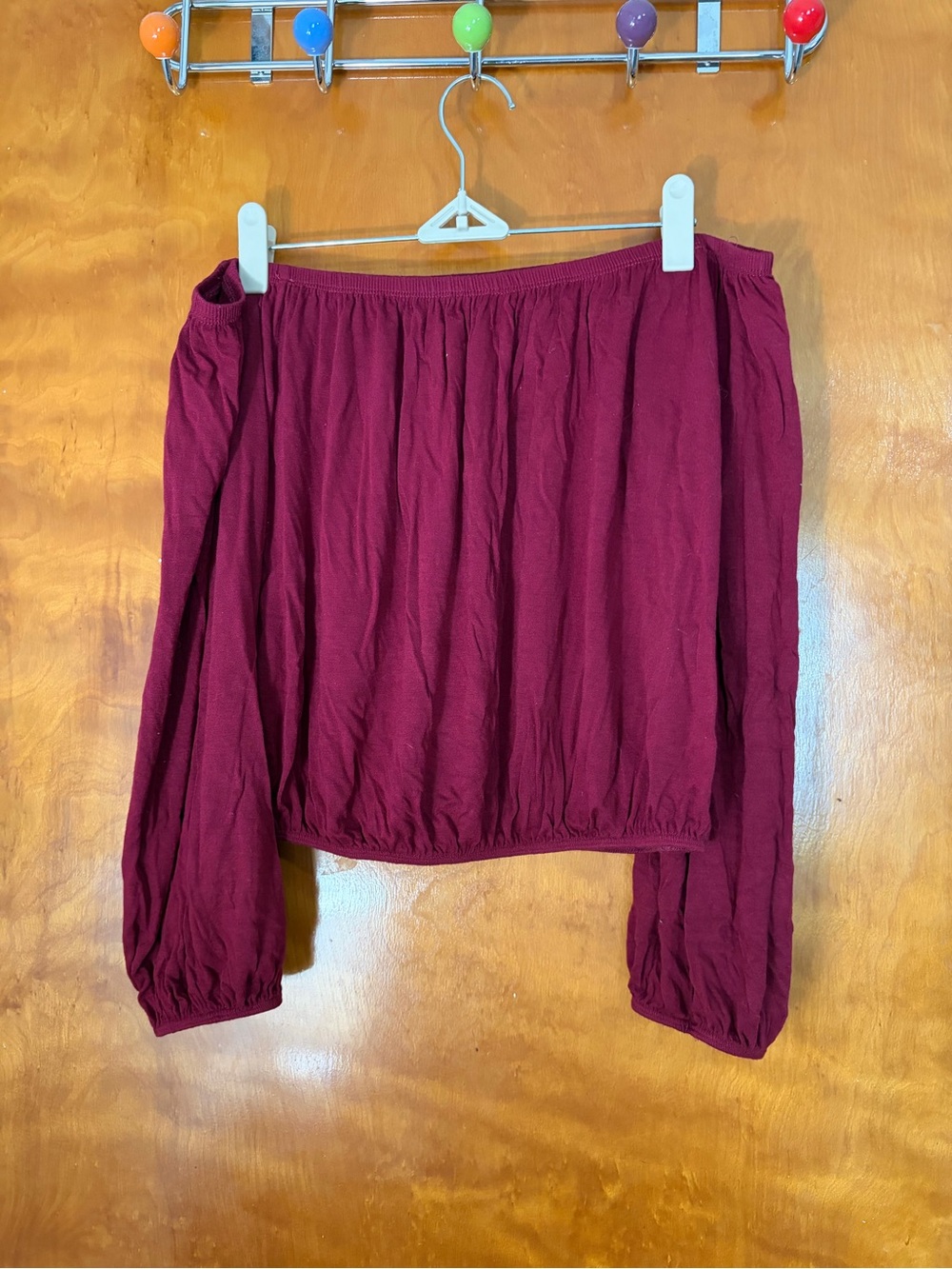 Off-Shoulder Long Sleeve Top in Burgundy
